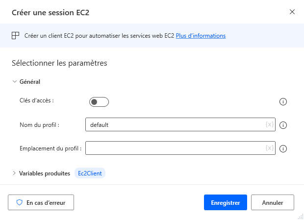 Capture d’écran de l’action Créer une session avec l’option Clés d’accès désactivée.