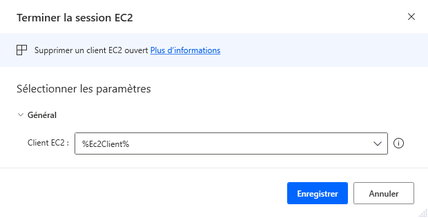 Capture d’écran de l’action Terminer la session EC2.