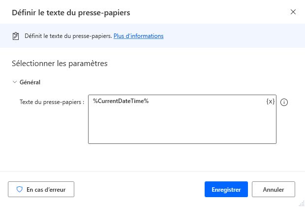 Capture d’écran de l’action Définir le texte du presse-papiers.