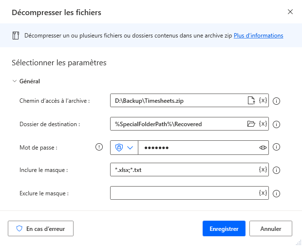 Capture d’écran de l’action Décompresser les fichiers.