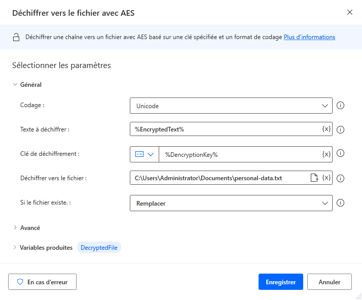 Capture d’écran de l’action Déchiffrer vers le fichier avec AES.
