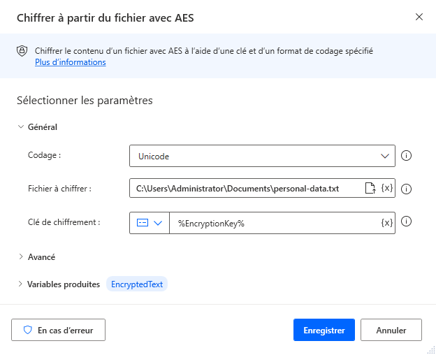 Capture d’écran de l’action Chiffrer à partir du fichier avec AES.