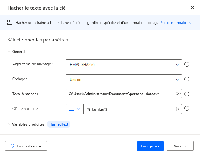 Capture d’écran de l’action Hacher à partir d’un fichier avec clé.