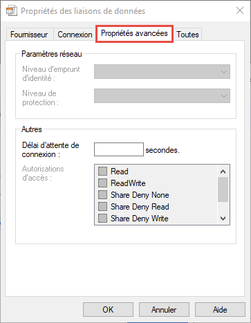 Capture d’écran de l’onglet Avancé des propriétés de liaison de données.