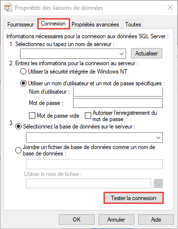 Capture d’écran de l’onglet Connexion des propriétés de liaison de données.