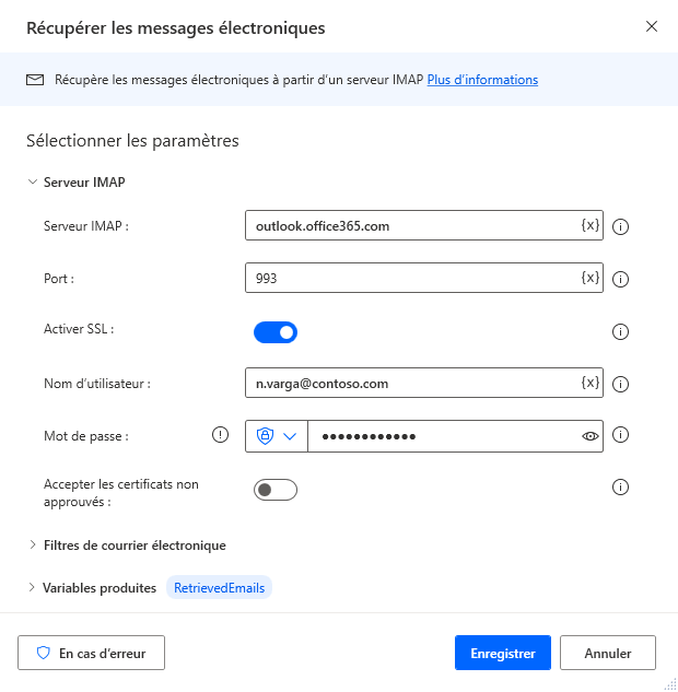 Capture d’écran des paramètres du serveur IMAP de l’action Récupérer les e-mails.