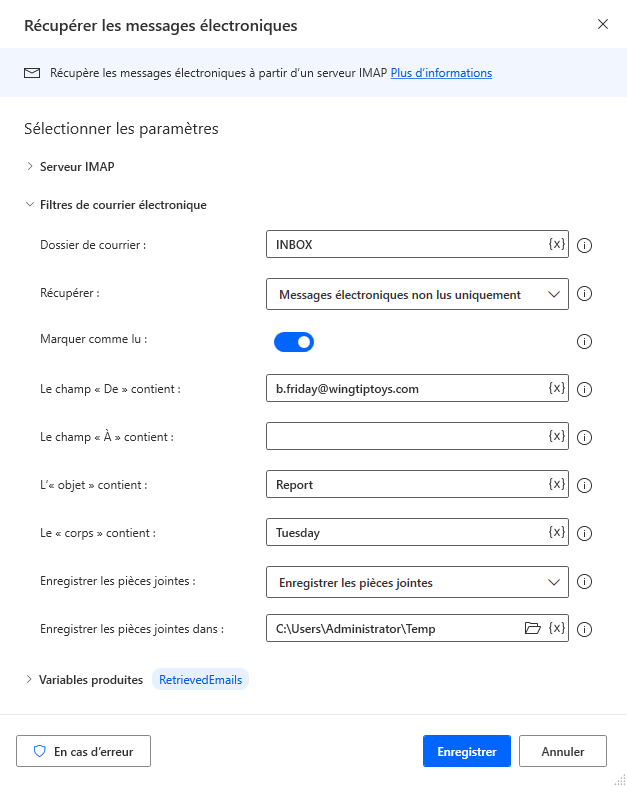 Capture d’écran de l’action Récupérer les e-mails.