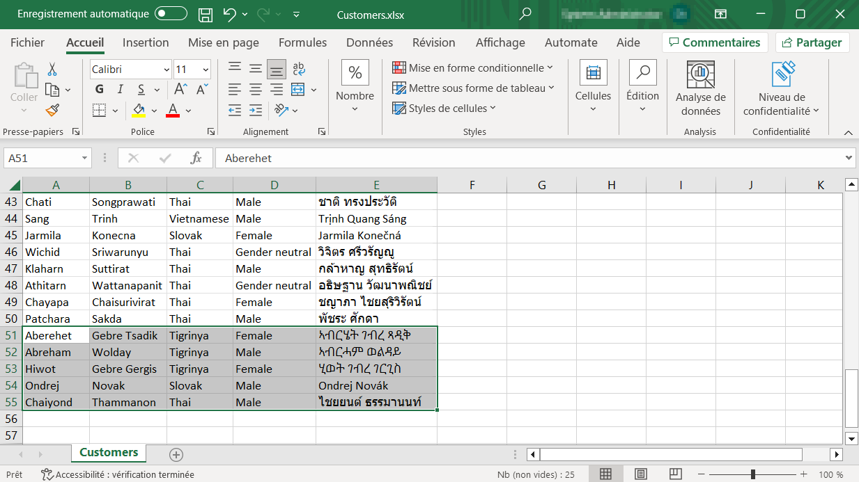 Capture d’écran de données Excel écrites.