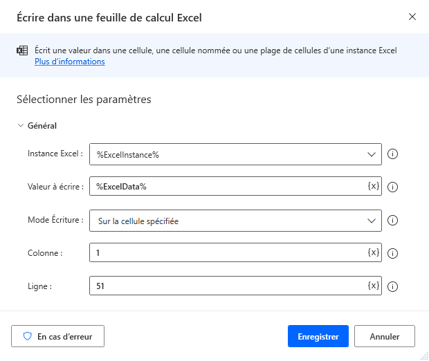 Capture d’écran de l’action Écrire dans une feuille de calcul Excel.