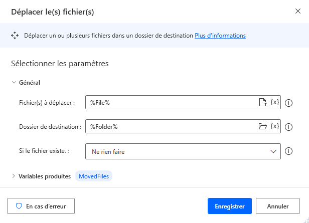 Capture d’écran de l’action Déplacer les fichiers.