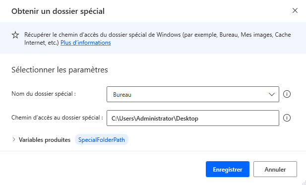 Capture d’écran de l’action Obtenir un dossier spécial.