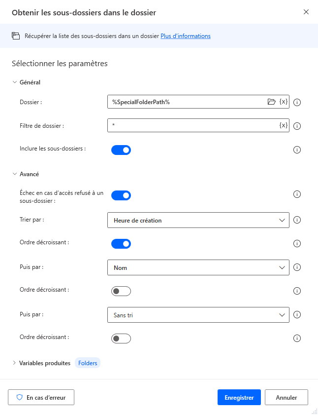 Capture d’écran de l’action Obtenir les sous-dossiers dans le dossier.