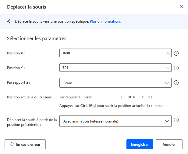 Capture d’écran de l’action Déplacer la souris.