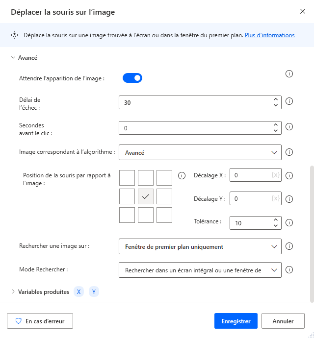 Capture d’écran des propriétés avancées de l’action Déplacer la souris vers l’image.