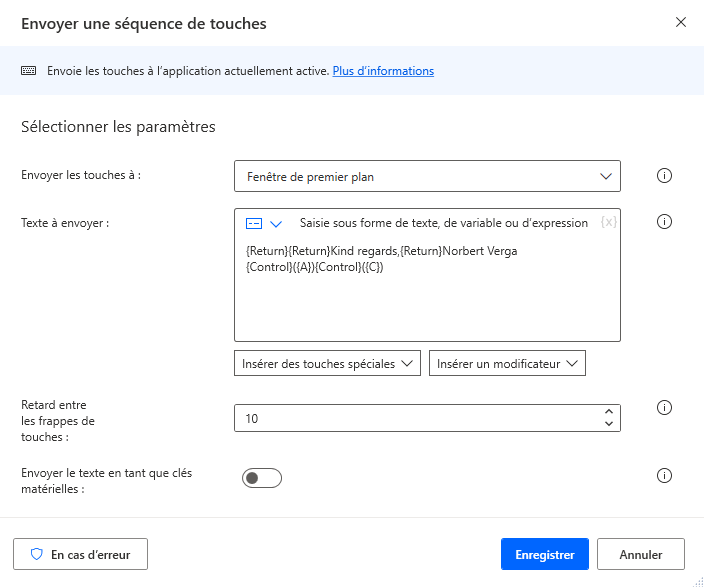 Capture d’écran de l’action Envoyer une séquence de touches.