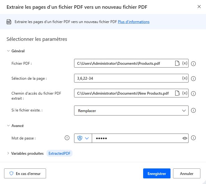 Capture d’écran de l’action Extraire les pages du fichier PDF vers un nouveau fichier PDF.