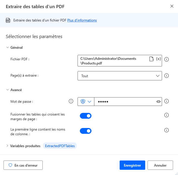 Capture d’écran de l’action Extraire des tables du PDF.