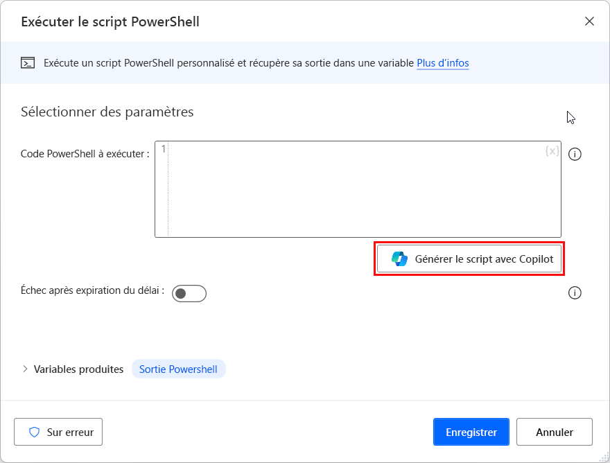 Capture d’écran de l’action Exécuter PowerShell avec le bouton Générer le script avec Copilot mis en surbrillance