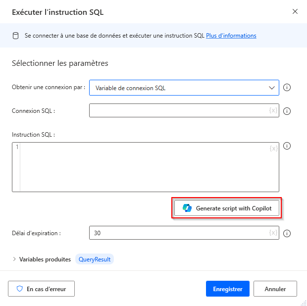 Capture d’écran de l’action Exécuter l’instruction SQL avec le bouton Générer le script avec Copilot mis en surbrillance