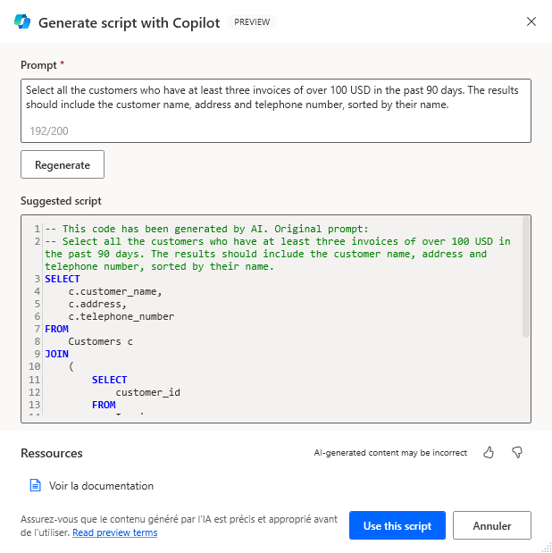 Capture d’écran de la boîte de dialogue Générer le script avec Copilot ouverte, qui montre une instruction SQL générée