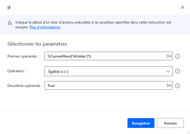 Capture d’écran de l’action If qui vérifie si l´élément actuel est un dossier.