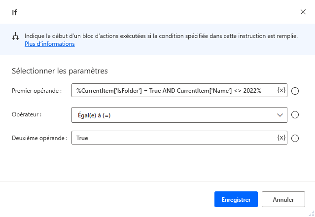 Capture d’écran d’une condition qui vérifie le nom de l’élément actuel.