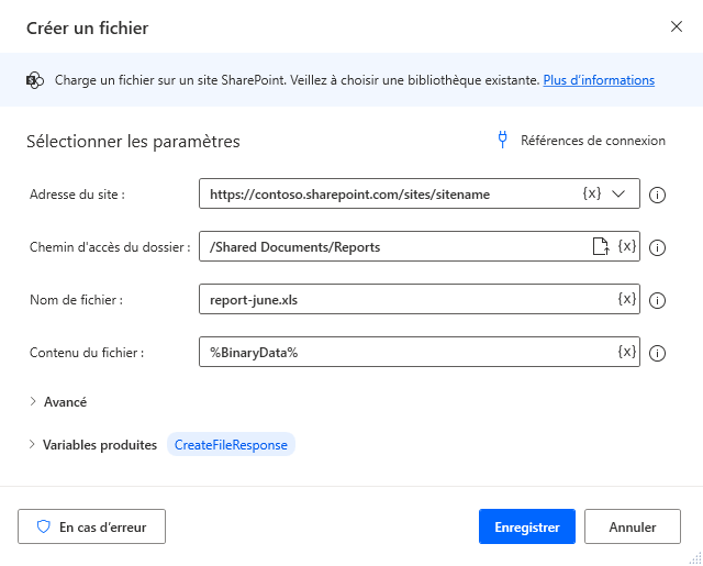 Capture d’écran de l’action Sharepoint Créer un fichier.