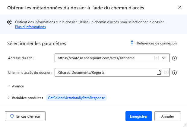 Capture d’écran de l’action Récupérer les métadonnées du dossier en utilisant le chemin d´accès.