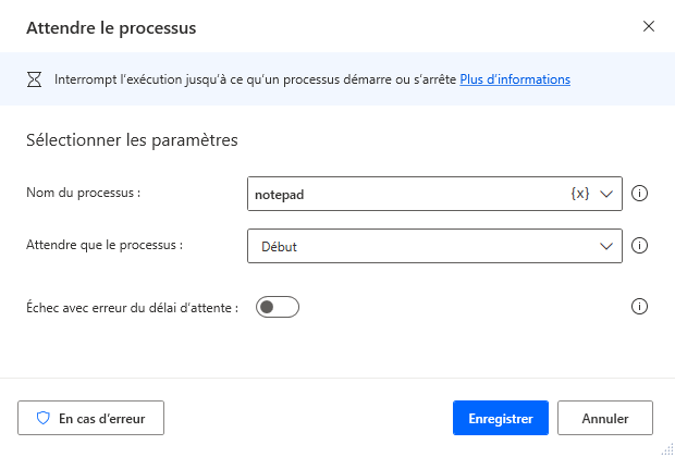 Capture d’écran de l’action Attendre le processus.