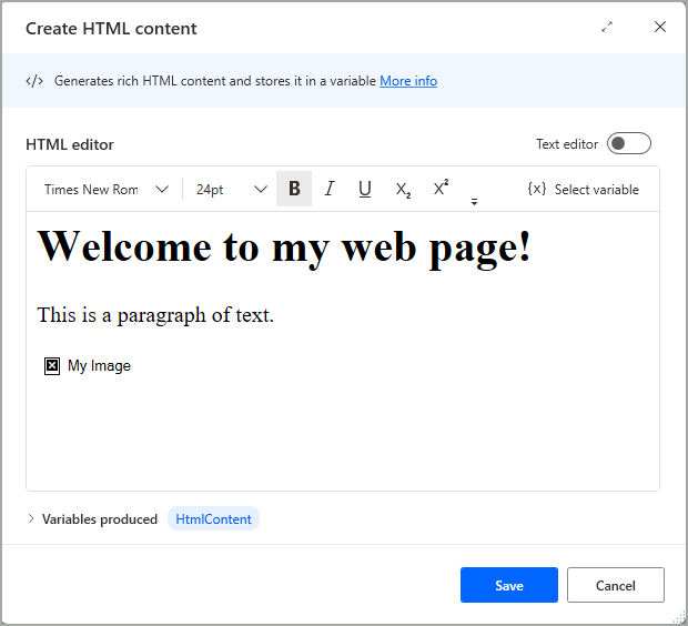 Capture d’écran de l’action Créer du contenu HTML.