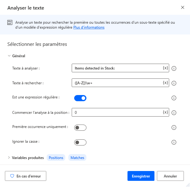 Capture d’écran de l’action Analyser le texte.