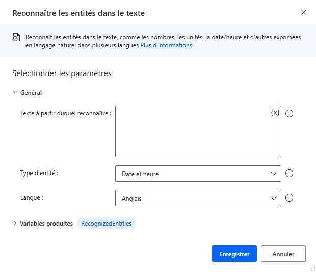 Capture d’écran de l’action Reconnaître les entités dans le texte