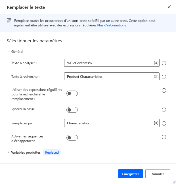 Capture d’écran de l’action Remplacer le texte.