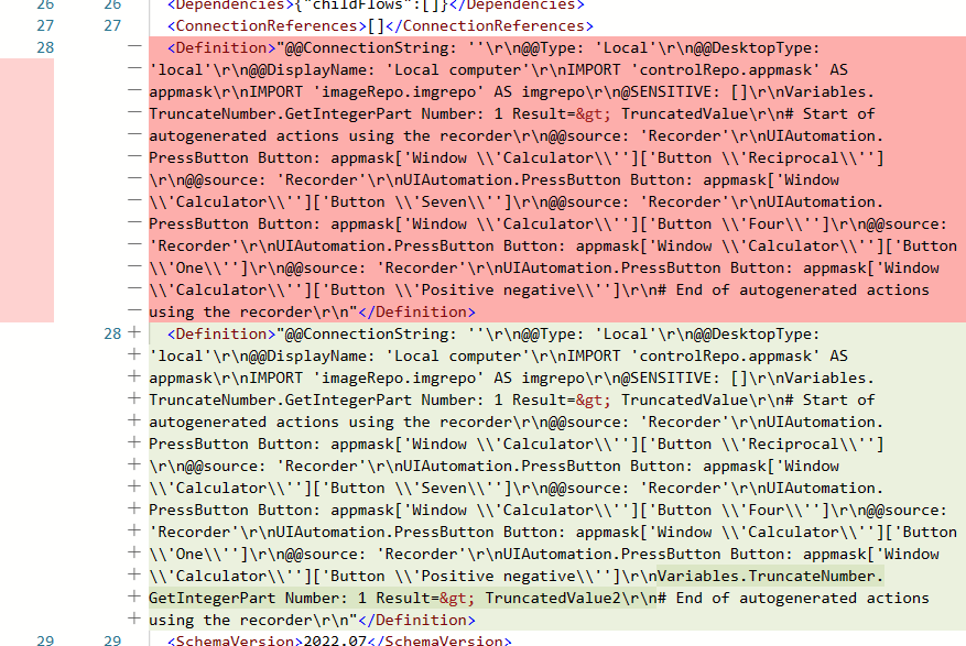 Capture d’écran de l’outil de comparaison dans Azure DevOps sur la définition du flux de bureau