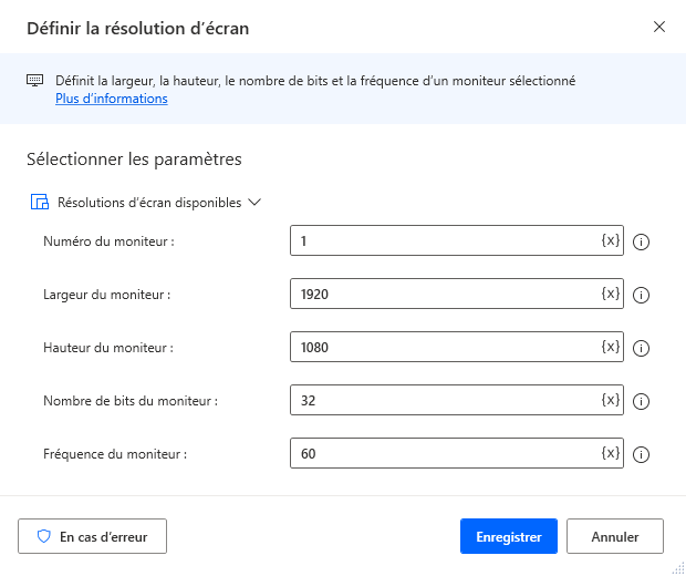 Capture d’écran de l’action Définir la résolution d’écran.