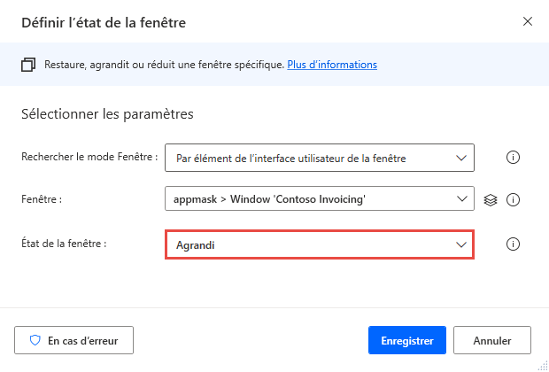 Capture d’écran de l’action Définir l’état de la fenêtre.