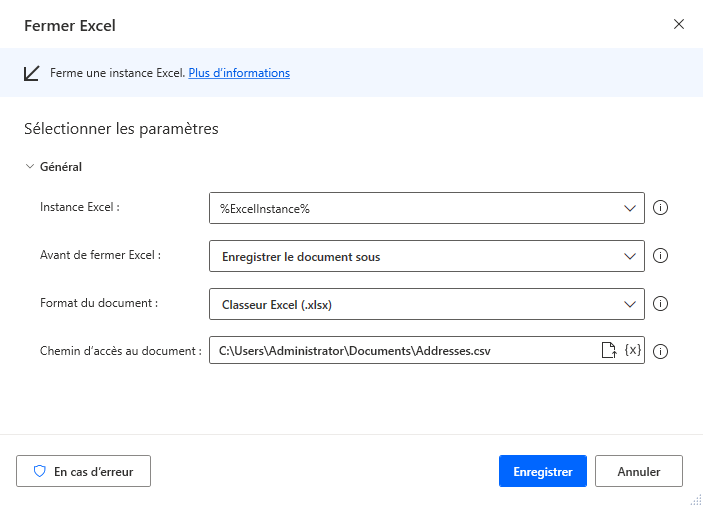 Capture d’écran de l’option Enregistrer le document sous dans l’action Fermer Excel.