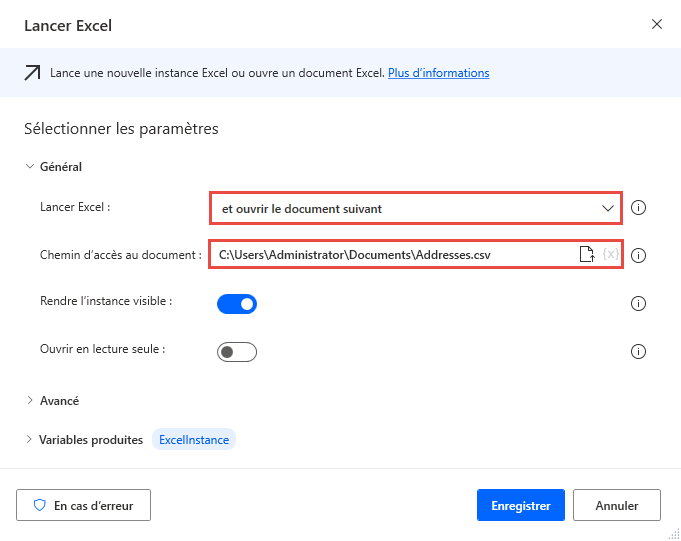 Capture d’écran de l’action Lancer Excel configurée pour ouvrir un fichier csv.