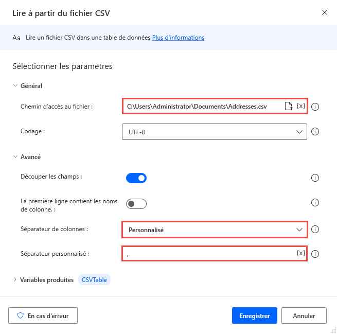 Capture d’écran de l’option de séparateur personnalisé dans l’action Lire à partir du fichier CSV.