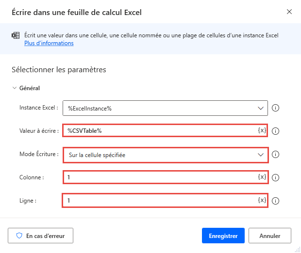 Capture d’écran de l’action remplie Écrire dans une feuille de calcul Excel.