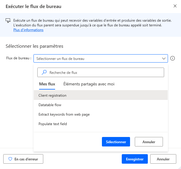 Capture d’écran des flux de bureau disponibles dans l’action Exécuter le flux de bureau.