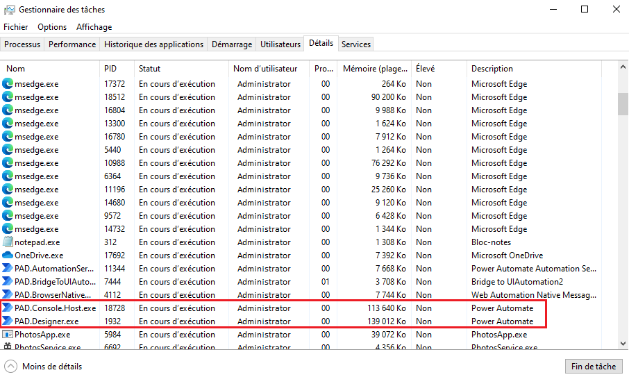 Capture d’écran des processus Power Automate dans le Gestionnaire des tâches Windows.