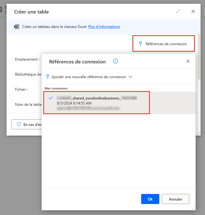 Capture d’écran des références de connexion disponibles