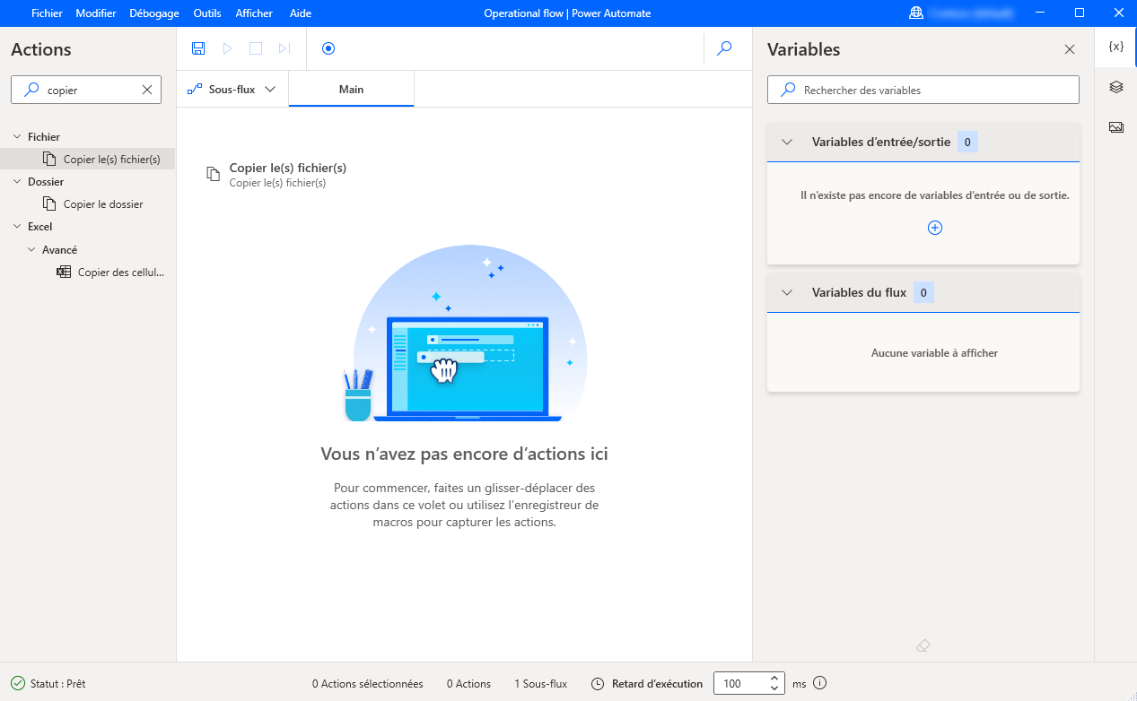 Capture d’écran d’une action en la faisant glisser dans l’espace de travail.