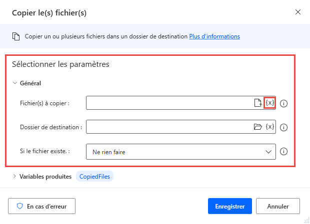 Capture d’écran des paramètres d’entrée dans la fenêtre modale d’une action.