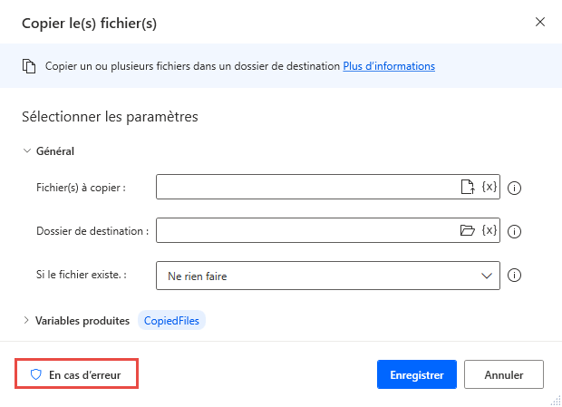 Capture d’écran de l’option En cas d’erreur dans la fenêtre modale d’une action.