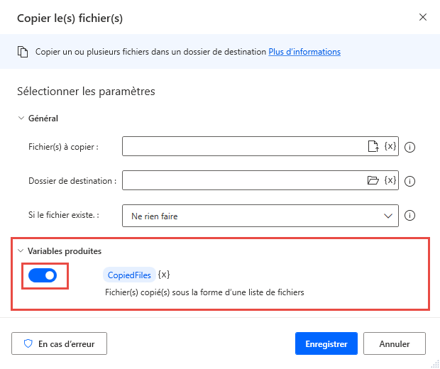 Capture d’écran d’une variable produite dans la fenêtre modale d’une action.