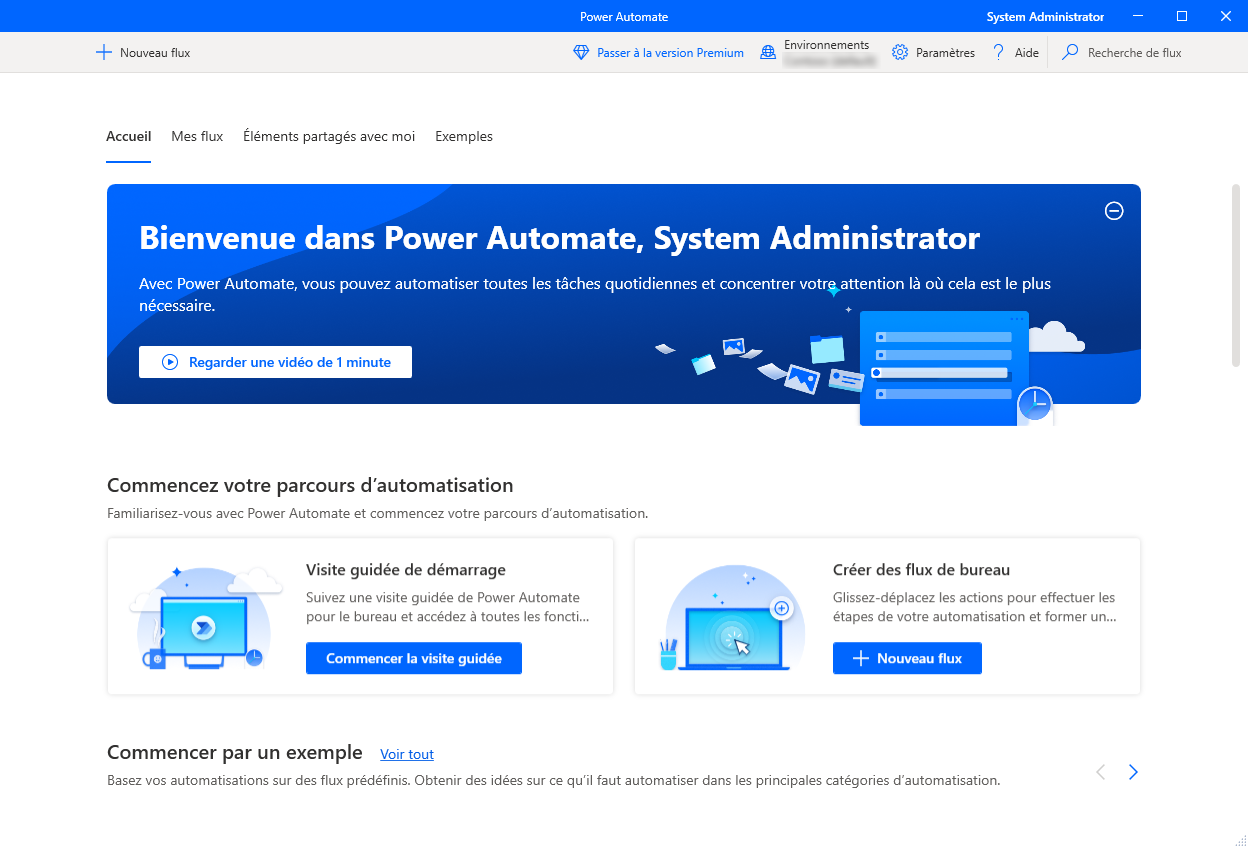 Capture d’écran de la console Power Automate pour ordinateur de bureau.