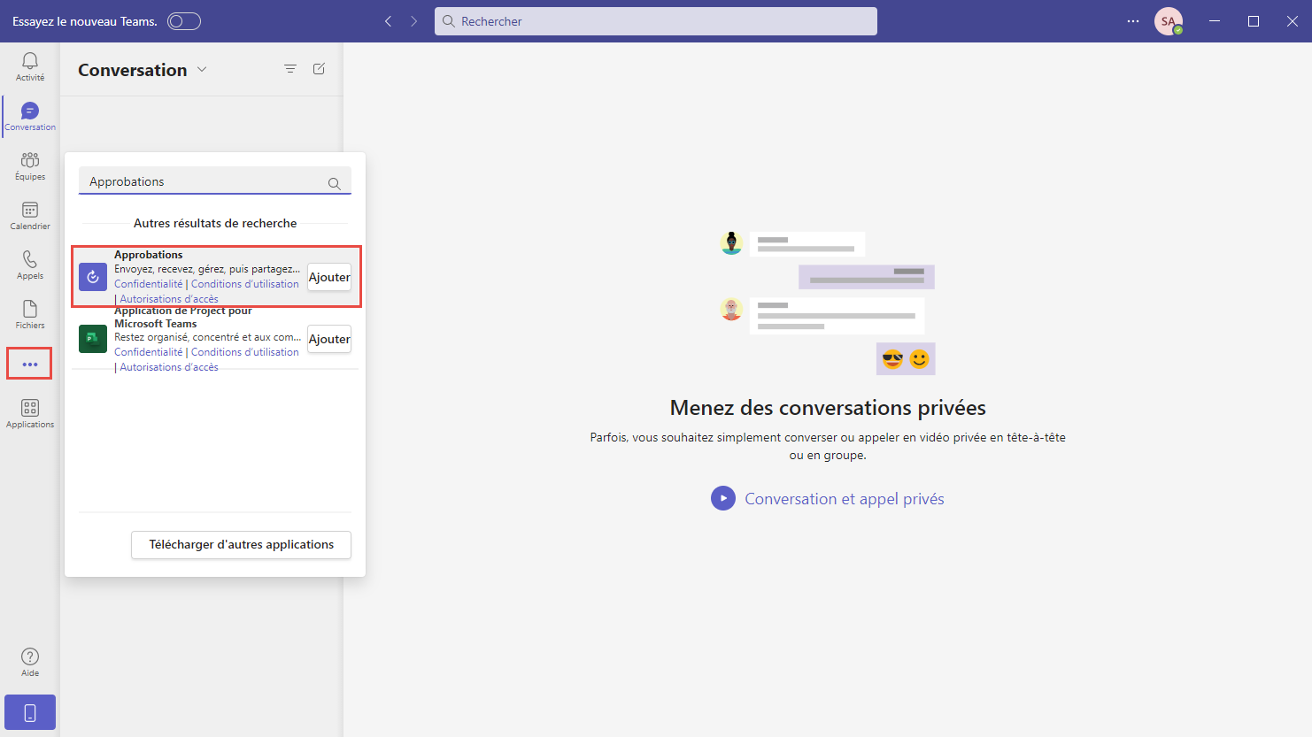 Capture d’écran de la sélection de l’application Approbations dans Microsoft Teams.