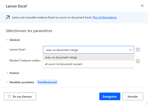 Capture d’écran des sélecteurs d’action Lancer Excel